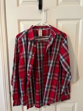 Faded Glory Red Plaid Button-Down Shirt with Gray Accents